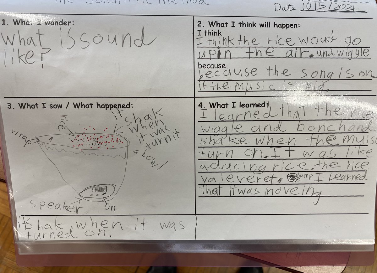 🥼Practiced our science skills by using the scientific method. We wondered, “what is sound like?” 🔊Check out what we learned from our experiment 💡