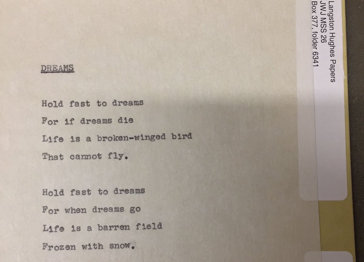 BeineckeLibrary's tweet image. Dreams 

typescript in the Langston Hughes Papers bit.ly/2FKP6KP