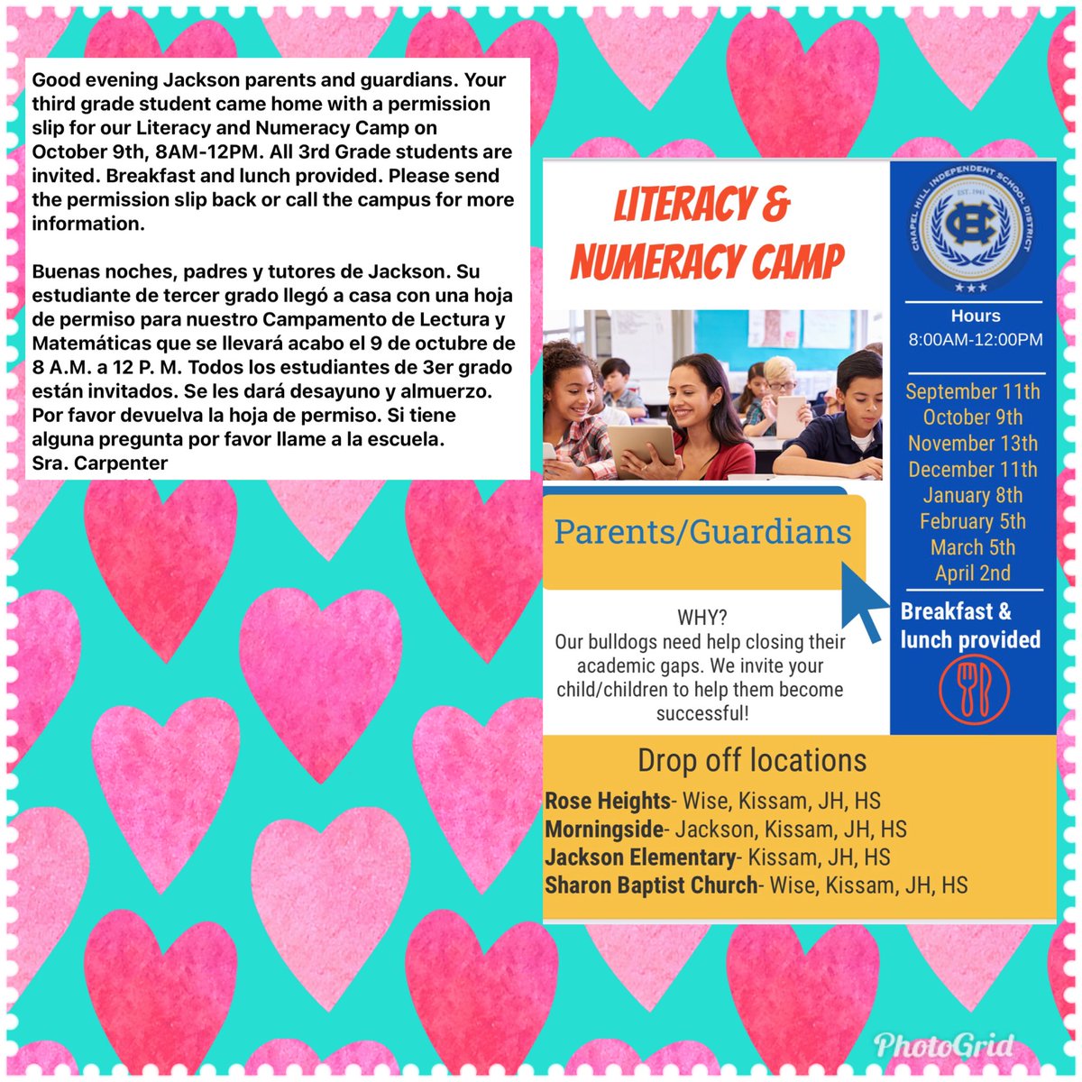 Good evening Jackson parents and guardians, please see the information below regarding our Literacy/Numeracy Camp for all of 3rd Grade <a href="/ChapelHill_ISD/">Chapel Hill ISD</a> @Carp_CHISD