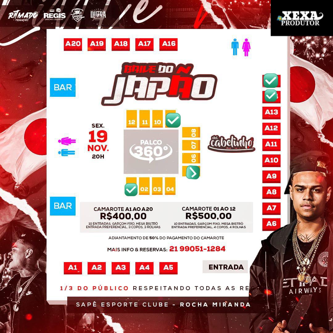 xexaprodutor_'s tweet photo. VENHA CURTIR O #CabelinhoNoJapão COM CONFORTO E VISÃO PRIVILEGIADA!!! 

CAMAROTES PISTA: 400$
CAMAROTES EM FRENTE AO PALCO: 500$

infor e reservas: (21) 9988-21798
#Xexaprodutor https://t.co/pAQkZa9uxu