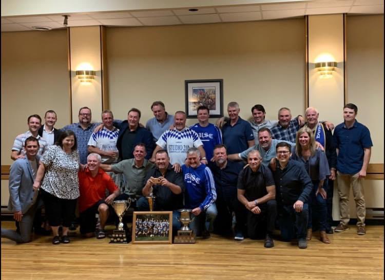 DunnvilleUnited's tweet photo. On Saturday night the Dunnville United family celebrated the 25th Anniversary since the 1996 DUSC team won The Triple Crown.

#DUSC https://t.co/4RS5JHa5c1