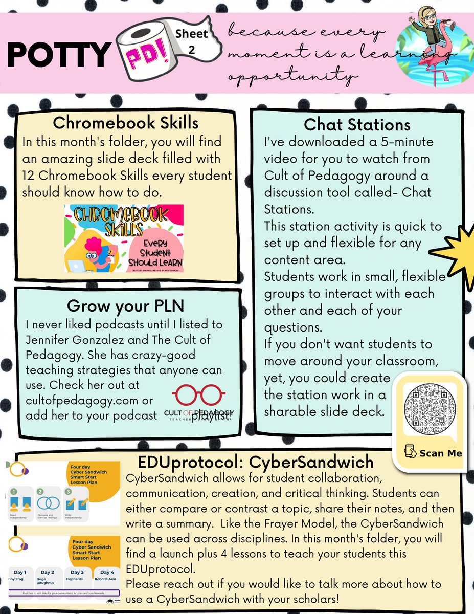#PottyPD sheet 2 has circled the bowl for September. Uber excited to share @cultofpedagogy Not only her podcast but her Chat Stations, Chromebook Skills from @MongelliMegan & @candytechideas As well as the @eduprotocols Cyber Sandwich Thank you to my #PLN 🥰 #teacheragency