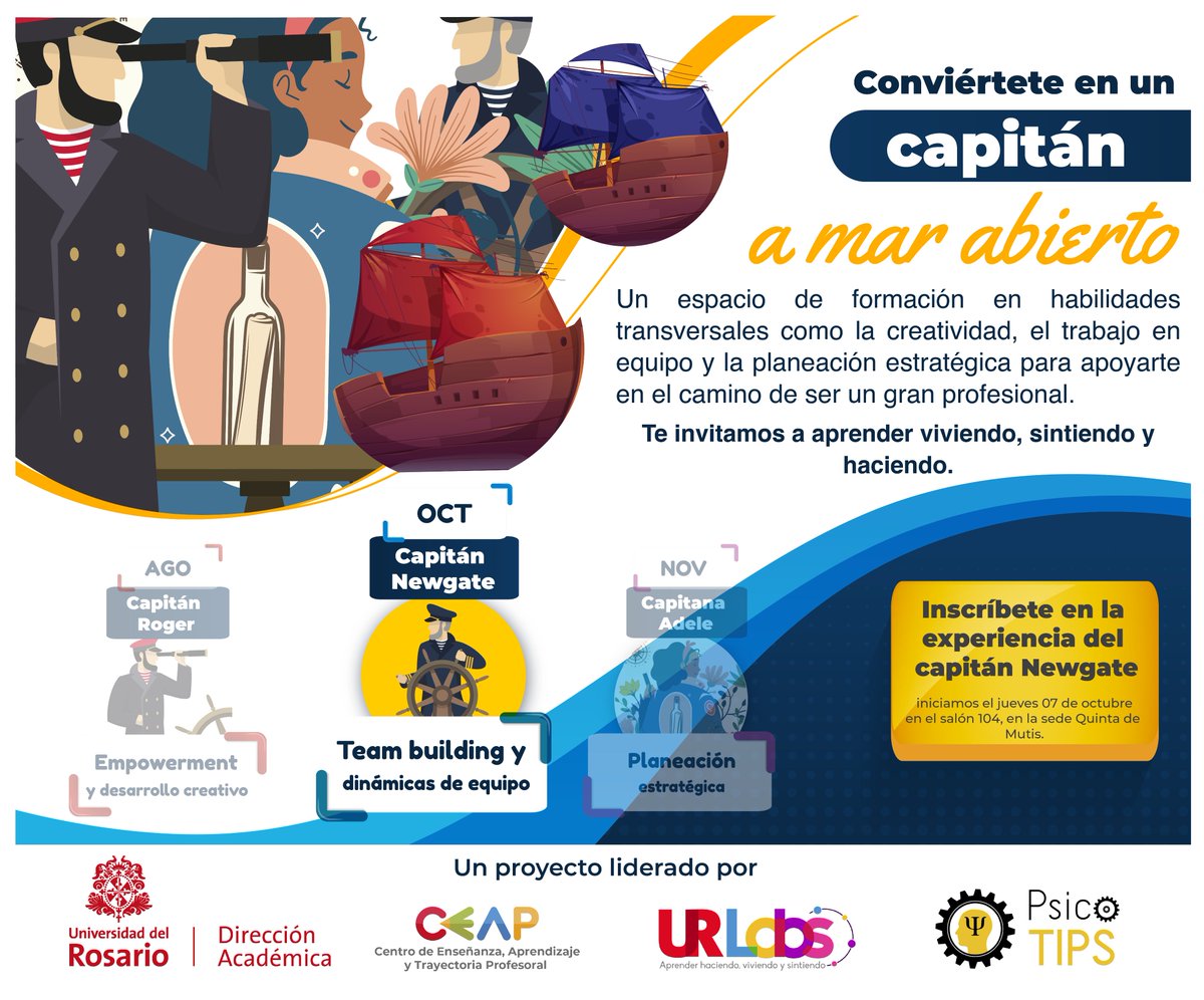 eci_ur's tweet photo. ¡Conviértete en un capitán a mar abierto y fortalece en este segundo módulo el trabajo y dinámica en equipo! Una actividad sin igual organizada por #URLABS @urosario y Psicotips. Inscripción en: https://t.co/nshl3MUmc9 https://t.co/DeGQvMTcQ3