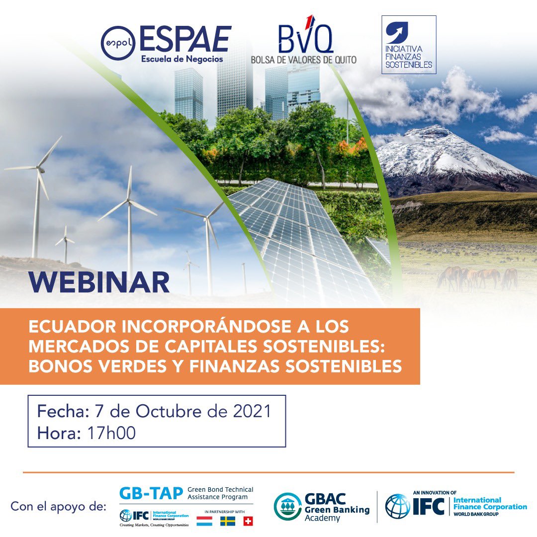 espae's tweet photo. Conozca la experiencia de entidades financieras que han optado por la colocación de bonos verdes y la consecución de los objetivos globales de desarrollo sostenible, en este webinar organizado por ESPAE y @valoresbvq, con el apoyo de @IFC_LAC y @IFS_EC 
▶️ https://t.co/fu0nJYdIQp https://t.co/eYXtKbwwFr