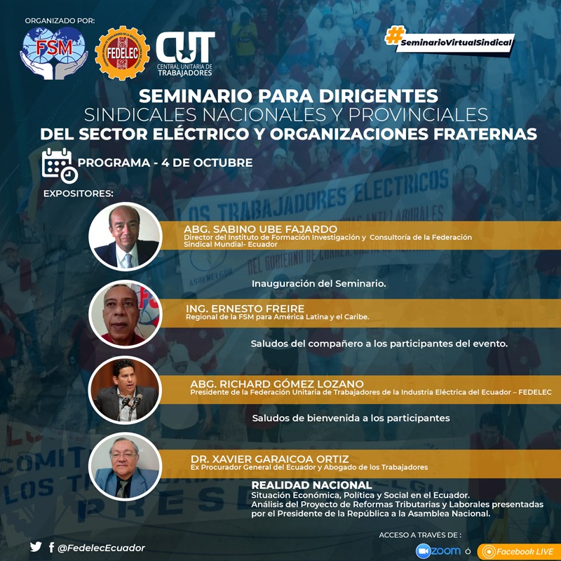 🔶Invitamos a los dirigentes de nuestras filiales  y de gremios miembros de <a href="/EcuadorCut/">CUT ECUADOR</a> a participar del seminario internacional virtual.

📌Hoy abordaremos el tema de realidad nacional.

🕖19:00- 20:15

bit.ly/3itnv3y