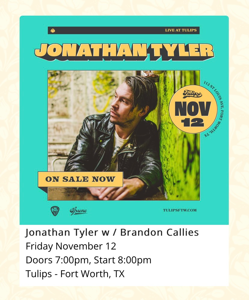 BrandonCallies's tweet photo. This’ll be quite the night at @TulipsFTW. I’ll be opening for the one and only @Jonathan_Tyler on November 12th. Snag your tickets now!
.
.
.
#brandoncallies #singersongwriter #indieinfusedamericana #altfolk #jonathantyler @Spunepro https://t.co/VVlUOU6Hcz