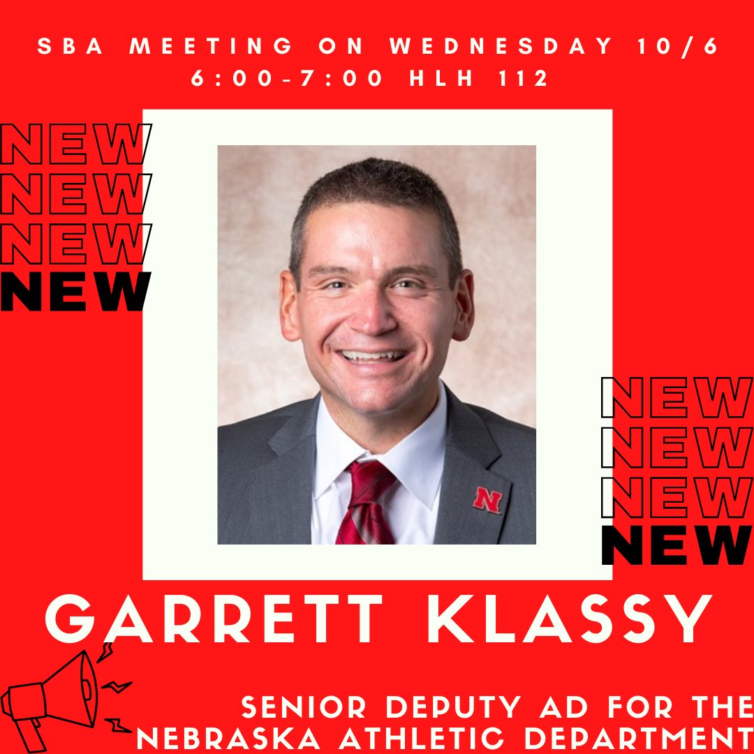 NebraskaSBA's tweet photo. NEW MEETING: We will host Garrett Klassy THIS Wednesday, October 6th, from 6:00-7:00pm in HLH 112. 

Join us to learn about the day-to-day experiences of working in the Nebraska Athletic Department!

We can’t wait to hear the great advice that Garrett Klassy has to share! https://t.co/Kv8lvGT74M