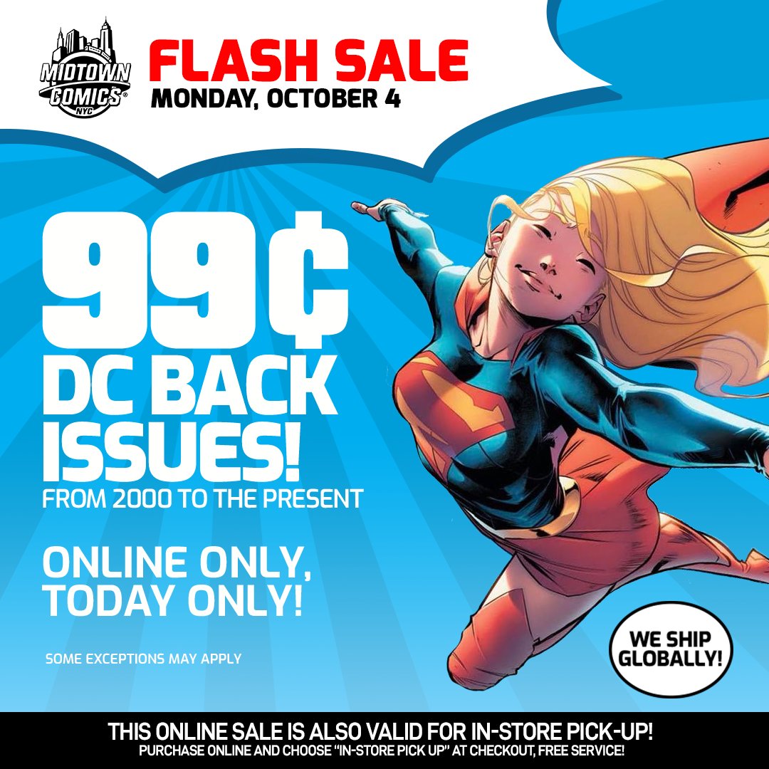MidtownComics's tweet photo. ππππ¦π π¦πππ! Only hours left to save! Select DC back issues from 2000 to the present, only 99Β’, online today only!
https://t.co/Wh28UfUAOf
#midtowncomicssale #backissues #DCComics #DCBackIssues #comicbooks #discountcomics #99centscomics https://t.co/21EetdSXdV
