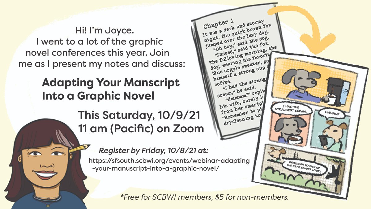 thejoyciecat's tweet photo. I went to a boatload of #graphicnovel talks and conferences this year and now I'm spilling the beans on "Adapting Your Manuscript Into a Graphic Novel" at my webinar this Saturday, 10/9 at 11am PST. Register by Friday at https://t.co/ZDlC1GqdVz @scbwisf #scbwi https://t.co/JauzLXA2Wz