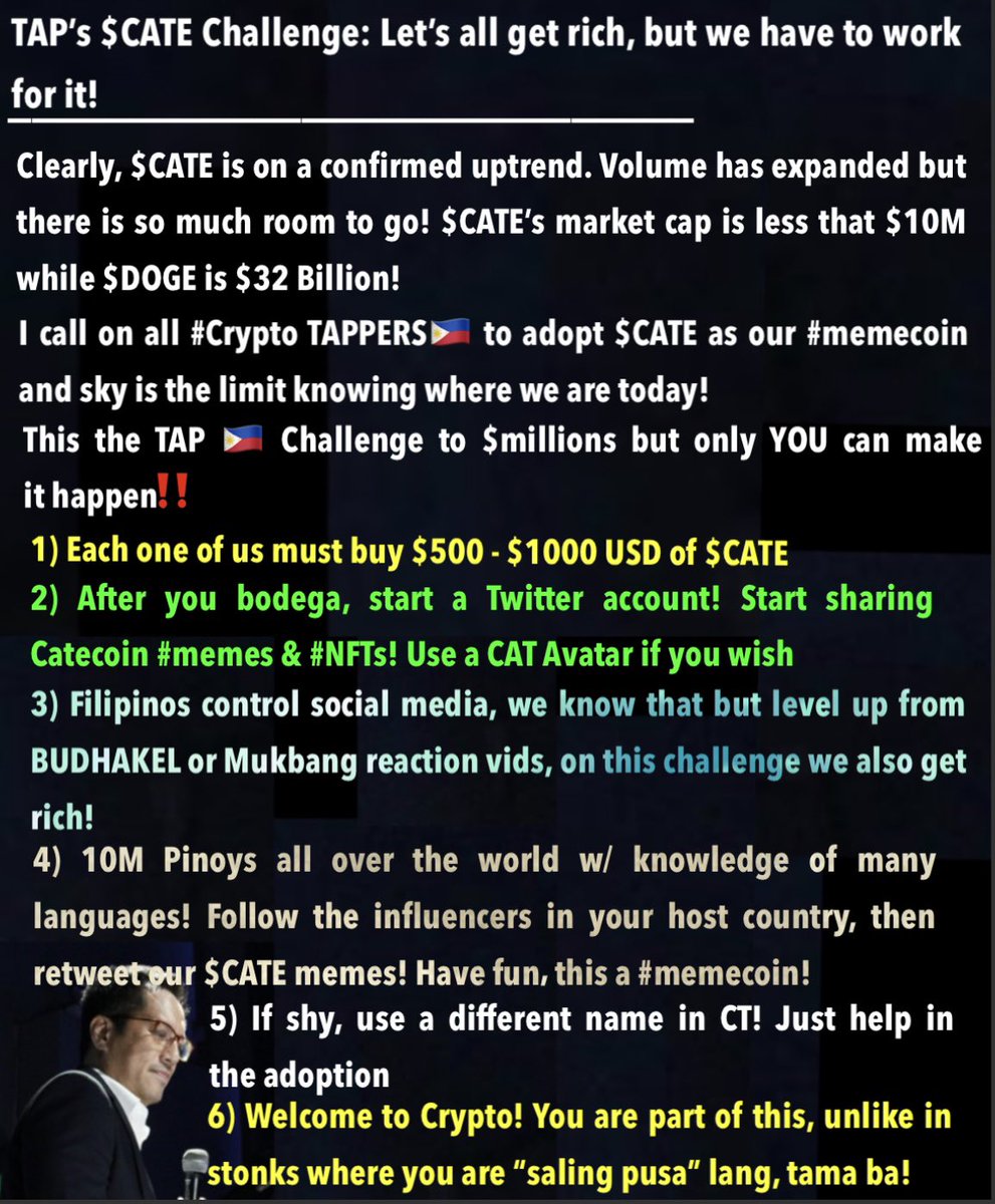 Trader4lyf's tweet photo. Let’s all focus Tappers🇵🇭 ! W/out FOCUS we’re nothing! Let’s do the #catecoin Challenge
It’s very early and we can get volume as Market CAP is below $10M USD even at these prices
We need TAP OFWs in more than 100 host countries to help spread GLOBAL adoption & here is how!👇 https://t.co/HdKguE5O81