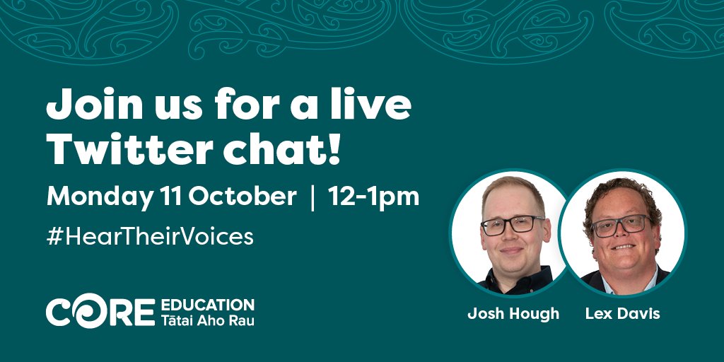 Are you looking for ways to support LGBTQIA+ rangatahi in your learning environment?
Next Monday 12-1pm, <a href="/jm_hough/">Josh Hough</a> &amp; <a href="/lexynz/">Lex Davis</a> will share insights from their research in a live Twitter chat. Bring your questions &amp; join the conversation! Follow @coreeducation &amp; #HearTheirVoices