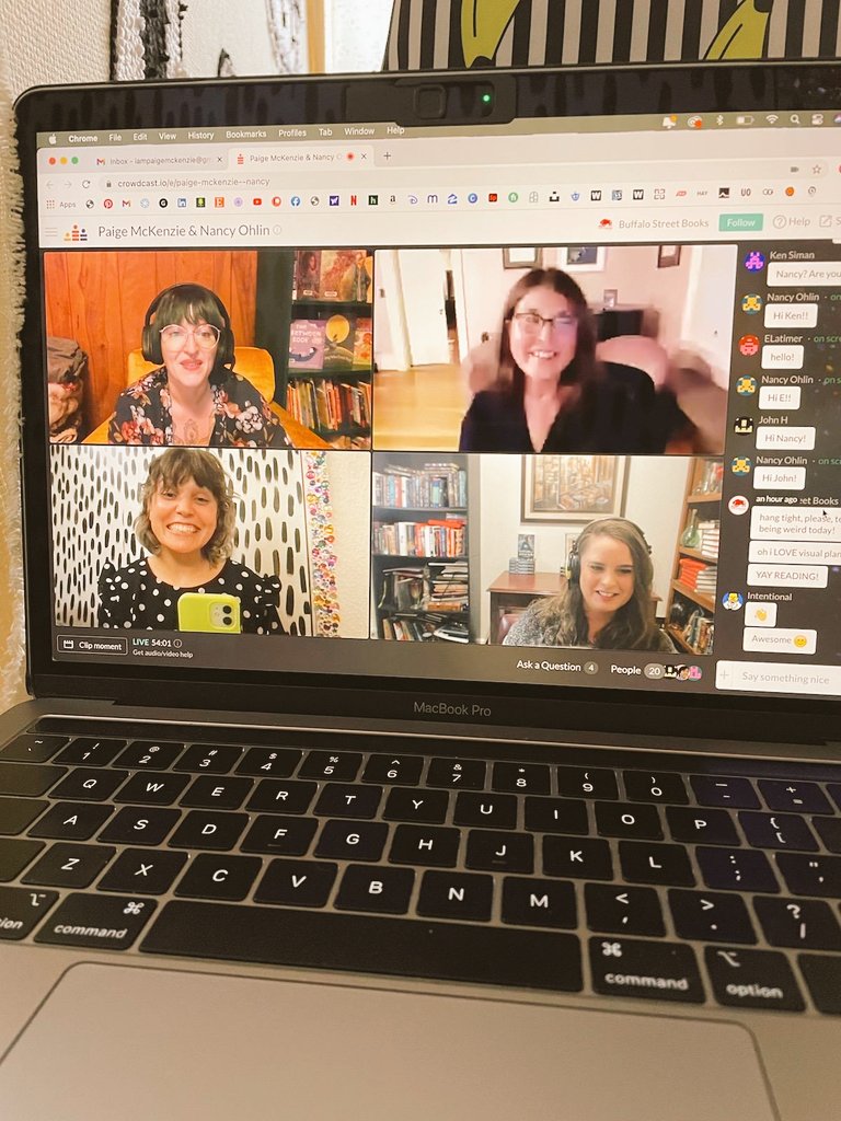 Virtual events are fun and surprisingly tiring! Thanks to all that tuned in! And to my fab co-author @NancyOhlin and our moderator @ELatimerWrites and to @TheNovl and #buffalostreetbooks. Missed it? Catch the replay: crowdcast.io/e/paige-mckenz…