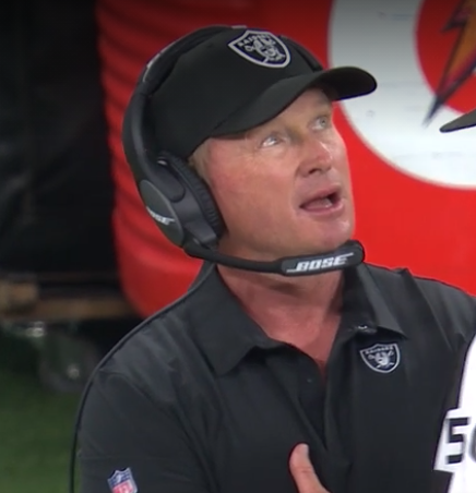 pushingthepile's tweet photo. Jon Gruden is all of us learning you can still have a weather delay in a roofed stadium https://t.co/puSmE13n8Y