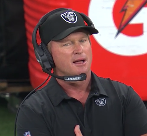 pushingthepile's tweet photo. Jon Gruden is all of us learning you can still have a weather delay in a roofed stadium https://t.co/puSmE13n8Y