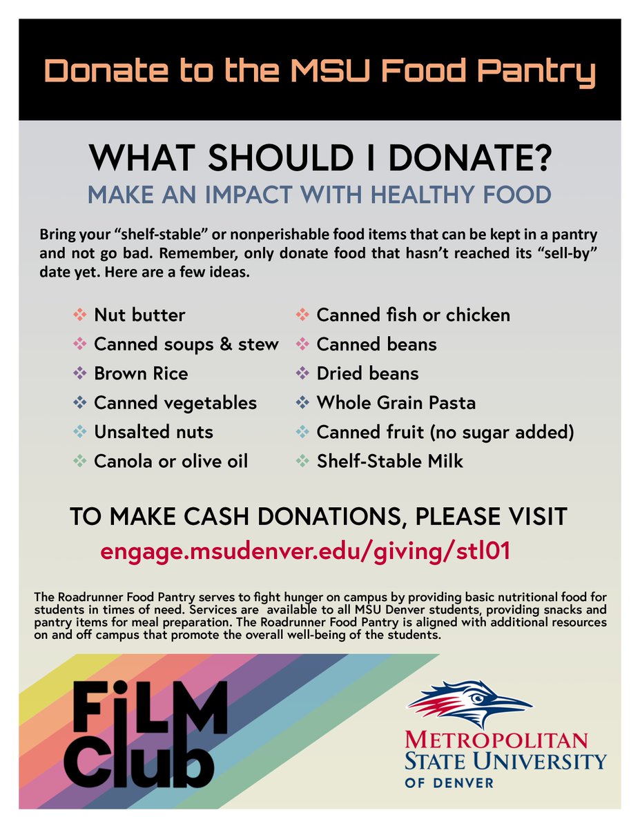 MSUFilmClub2021's tweet photo. We'll be collecting for the MSU Food Pantry on Thursday night at The Cube in Northfield. Come out to watch "The Martian" and discuss the science and cinematic aspects of the film. We would love to see you there!  @msudenver @denverfilm https://t.co/Z4GO6xeNsU