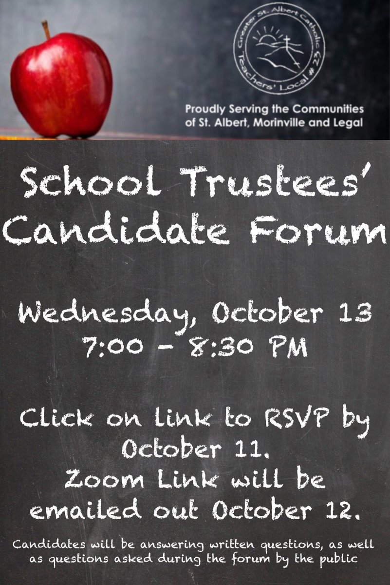 GSACT teachers: would you like to hear from school trustee candidates? Attend the Zoom Trustee Forum - see photo for details and click the link to RSVP! <a href="/LCOata23/">Local Communications</a> <a href="/CarrylBennett/">Carryl Bennett</a> <a href="/GSACRD/">GSACRD</a>                                        forms.gle/sfMkWR24iRz2YC…