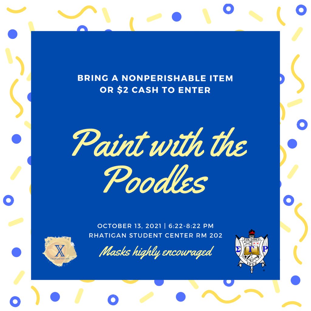‼️UPDATED DATE AND LOCATION‼️
Paint with the Poodles!
Wednesday, October 13th at 6:22pm in RSC Rm 202.
We’ll provide canvases, paint, brushes, and good tunes.
Please bring a nonperishable that will be donated to ICT Community Fridge or $2 to join us 😊
Masks are highly encouraged