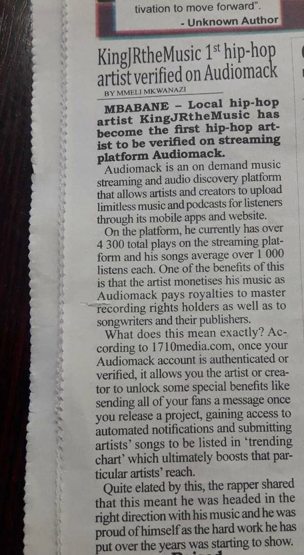 KingJRtheMusic's tweet photo. There goes a Momument for My Kids 📰🗞 @EswatinObserver / @TimesofEswatini Thank You for Articles &amp; @audiomack , @audiomackafrica Big S/0 to the Verification Badge 🥇🤝🙏 @joevango hope you're ready for Eswatini Music 🇸🇿
#TiniTwitter #SanitiserFreestyle 🎥🎞 #March3rdEP OT https://t.co/KWFyQp0IOb