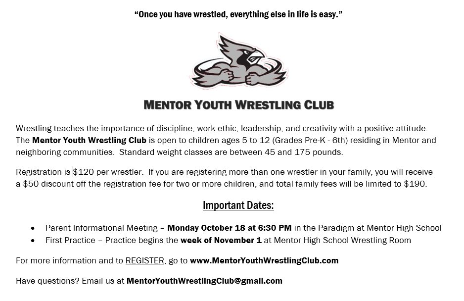 Registration for the 2021-2022 MYWC season is now OPEN at MentorYouthWrestlingClub.com
