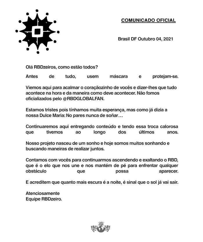 RBDzeiro's tweet photo. COMUNICADO OFICIAL!

@RBD_oficial estamos aqui por nós e por vocês.

#RBDzeiro @Anahi @DulceMaria @MaitePerroni @PonchoHD @ChristopherUck @ChristianCha https://t.co/K3eSeOdBsn