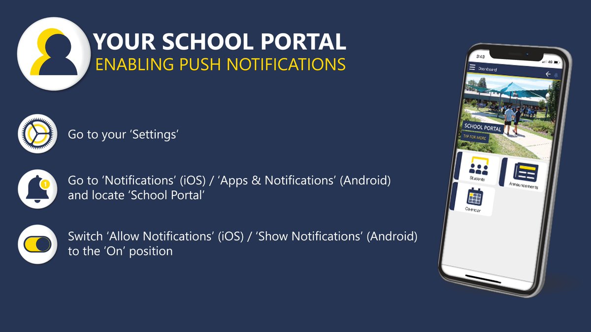Check that you have push notifications enabled in the School Portal mobile app to ensure you receive our parent and guardian notices: bit.ly/wmycapp