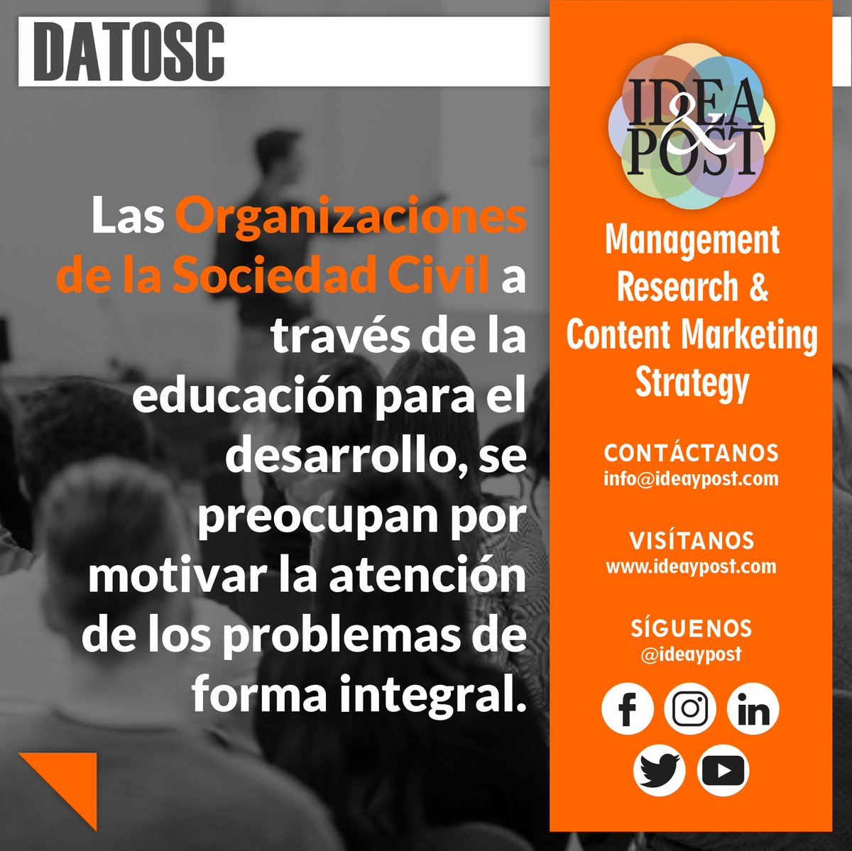 ideaypost's tweet image. Para las organizaciones de la sociedad civil es determinante la participación integral de los diferentes sectores sociales.

Síguenos en #ideaypost o visita nuestro #blog en ideaypost.com y conoce más #datosc sobre el Tercer Sector.

#tercersector #ong #osc #ods