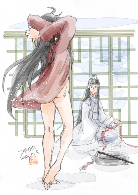おはようございます。
【魏嬰、そろそろ行こう。支度をして、】
旅の途中のひとコマ。
昨夜ほどけた髪結いの紐は、朝、藍湛が結んでくれるのがいい。
小黒新刊入稿完了。再版分もお預けしてきました。イベントスペースには全冊(4種ですが)並ぶぞーw!
#忘羨 #魔道祖師 #陳情令 #마도조사  #mdzs 