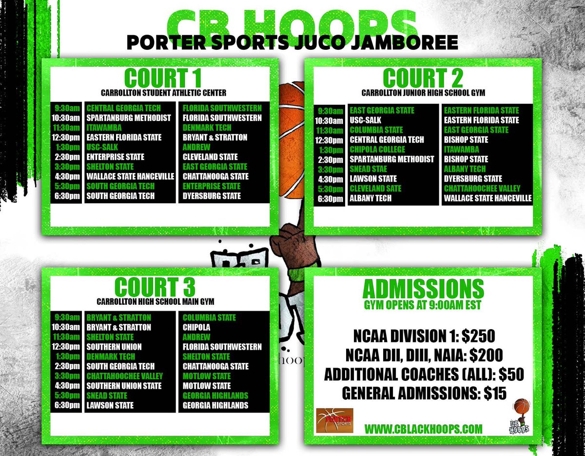 Corry Black (@coachcblack) on Twitter photo Womens JUCO JAM
π Carrollton High School (GA)
π October 10th , 2021
π 27 Teams Committed
Info: cblackhoops.com/womens-jc-jam/
Teams
<a href="/Ladyindians_wbb/">ladyindians_wbb</a>
<a href="/SGTCJets/">SGTC Jets</a>
<a href="/GHC_Athletics/">GHC Athletics</a>
<a href="/AlbanyTechWBB/">AlbanyTechWBB</a>
<a href="/ChattState_WBB/">Chatt State Womens BB</a>
<a href="/SSCCAthletics/">Shelton State Athletics</a>
<a href="/FSWBucs/">Florida SouthWestern Buccaneers</a>
<a href="/USCSalkWBB/">USC Salk WBB</a>
<a href="/LetsGoICCWBB/">ICC Womenβs Basketball</a>
<a href="/MotlowWbb/">Motlow State WBB</a> Womens JUCO JAM
π Carrollton High School (GA)
π October 10th , 2021
π 27 Teams Committed
Info: cblackhoops.com/womens-jc-jam/
Teams
<a href="/Ladyindians_wbb/">ladyindians_wbb</a>
<a href="/SGTCJets/">SGTC Jets</a>
<a href="/GHC_Athletics/">GHC Athletics</a>
<a href="/AlbanyTechWBB/">AlbanyTechWBB</a>
<a href="/ChattState_WBB/">Chatt State Womens BB</a>
<a href="/SSCCAthletics/">Shelton State Athletics</a>
<a href="/FSWBucs/">Florida SouthWestern Buccaneers</a>
<a href="/USCSalkWBB/">USC Salk WBB</a>
<a href="/LetsGoICCWBB/">ICC Womenβs Basketball</a>
<a href="/MotlowWbb/">Motlow State WBB</a>
