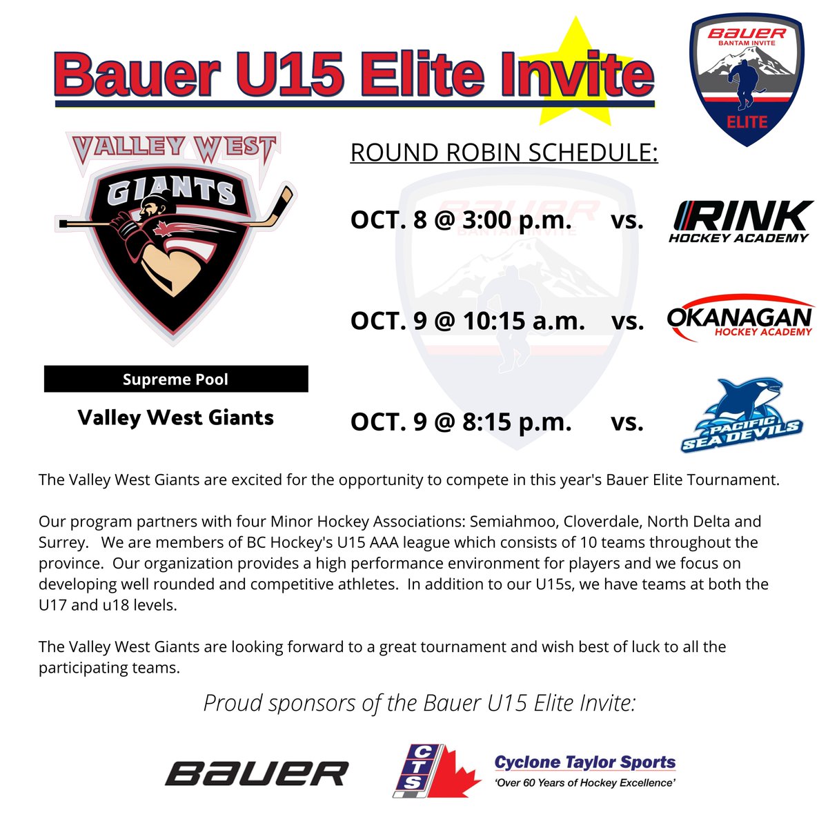 We're just four days away from puck drop at the Bauer Elite Invite!

Here are your competing teams in the Supreme Pool.  Good luck to each of them! #bauerelite