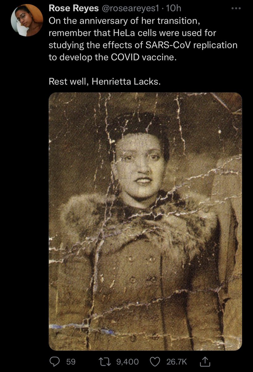 This woman changed the 🌍, though her gift wasn’t freely given—instead it was taken from her without her consent. Let us pay tribute to #HenriettaLacks & honor her memory by holding each other to the highest ethical standards & rectifying injustices (past & current) we encounter.