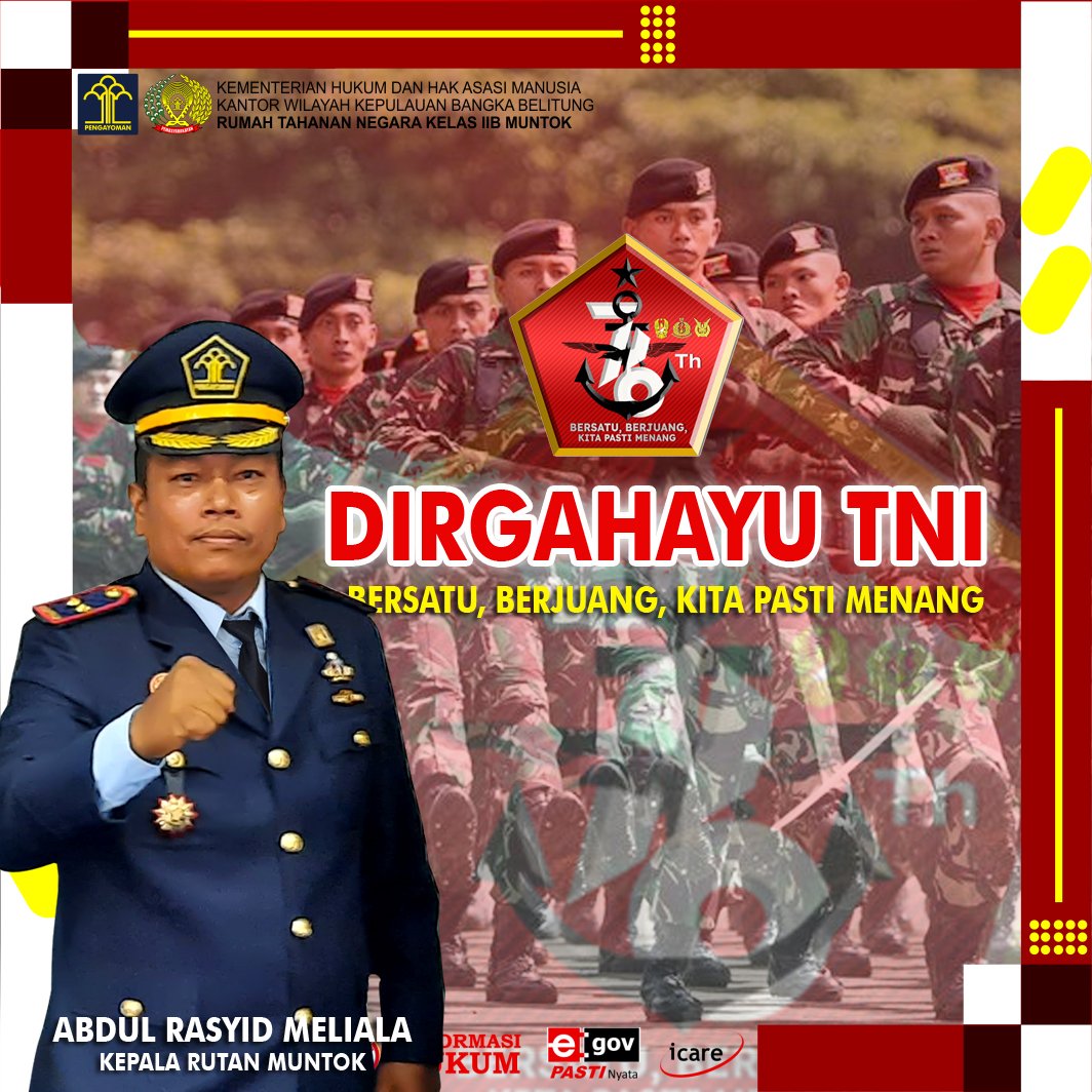 RutanMuntok's tweet photo. DIRGAHAYU Ke-76 TNI
Bersatu, Berjuang, Kita Pasti Menang
@Puspen_TNI
#TNI #tentara #HUT76 #Puspentni #berjuang #bersatu #army #kemenkumhamri #PASTI #pemasyarakatan #indonesia @pus https://t.co/bpRBIeLaGD