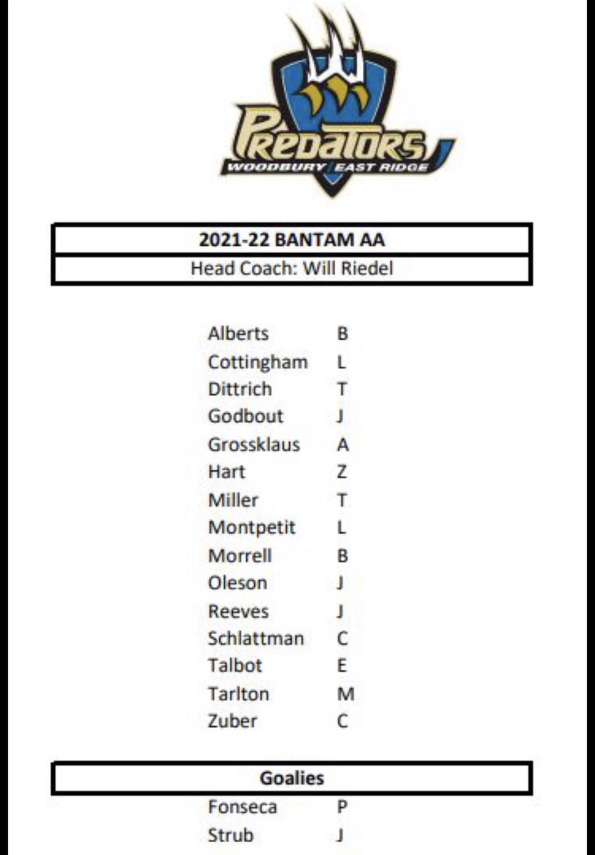 Introducing the 2021–2022 Woodbury Bantam AA team <a href="/wahcpredators/">Woodbury Area Hockey</a> <a href="/YouthHockeyHub/">YHH</a>
