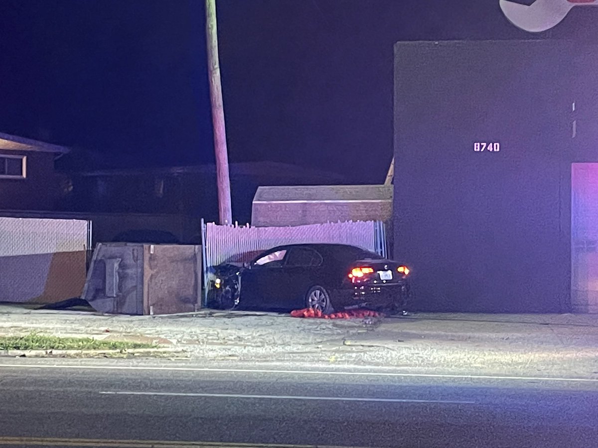 MWIPT's tweet photo. On scene of a MVA at 8755 natural bridge road. Single vehicle went through a power pole and struck a dumpster and fence. https://t.co/eQW88BklDQ