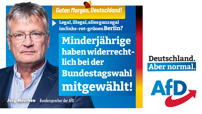 Joerg_Meuthen's tweet photo. Guten Morgen 🇩🇪!
Minderjährige in Berlin als Wähler bei der Bundestagswahl - SPD, „Grüne“ &amp; umbenannte SED sind dort offenbar nicht einmal in der Lage, eine Wahl gesetzeskonform zu organisieren. Außer großer Klappe und roter Ideologie nichts zu bieten!
https://t.co/EDKyO8Ljup https://t.co/IPbSbShKeq