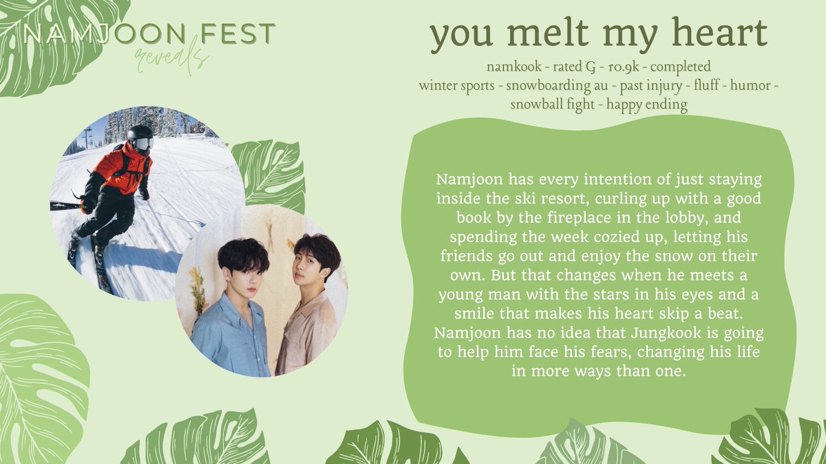 NamjoonFest's tweet photo. you melt my heart 

🌱 namkook
🌱 rated G
🌱 10.9k, completed
🌱 winter sports - snowboarding au - past injury - fluff - humor - snowball fight - happy ending

link: https://t.co/YrRsOU2m11 https://t.co/6NeK0c9rjd