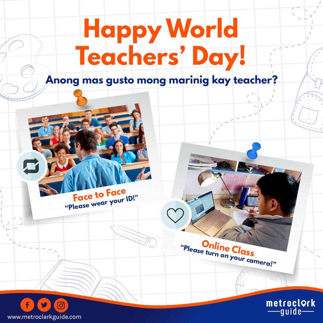 metroclarkguide's tweet photo. Suddenly switching from face-to-face classes to online learning isn’t the easiest, but it shows our educators’ dedication which is truly admirable.

This #WorldTeachersDay, let us honor our mentors who keep supporting us along the way! Tag your teacher below!

#MetroClarkGuide https://t.co/Snecf0R0Ny