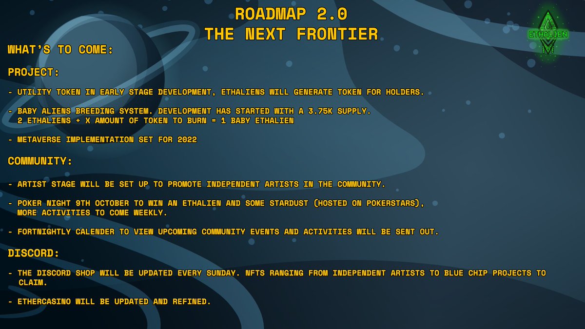 ArtyPass's tweet photo. 🚨 ROADMAP 2.0 IS HERE 🚨

We still have a lot of ideas and plans of where we can take Ethaliens next, and we're excited to have you along for the journey through the stars! The #EthalienInvasion is here!

Opensea: https://t.co/fHbOSmYtJV

Discord: https://t.co/2wK7yReJfc https://t.co/6HoiuPhXzx