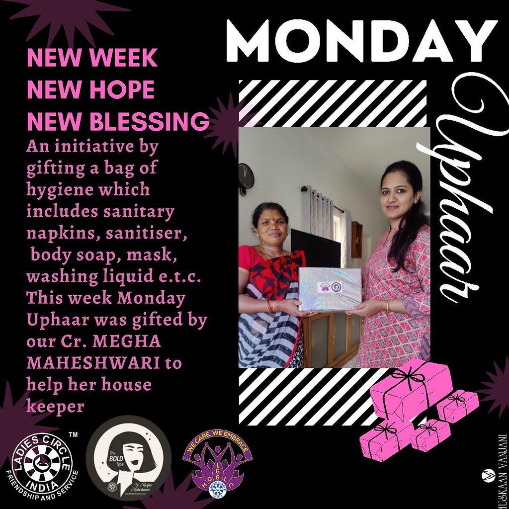 An initiative by HOLC166 gifting a bag of hygiene kit. It includes Sanitizer, Mask, Sanitary napkins, Washing soap, Body soap e.t.c. This week Monday Uphaar was gifted by our CR. MEGHA MAHESHWARI to help her house keeper. <a href="/MeghaMa45050961/">Megha Maheshwari</a> <a href="/IndLadiescircle/">LadiesCircle India</a> <a href="/LadiesCircleInd/">Ladies Circle India</a>