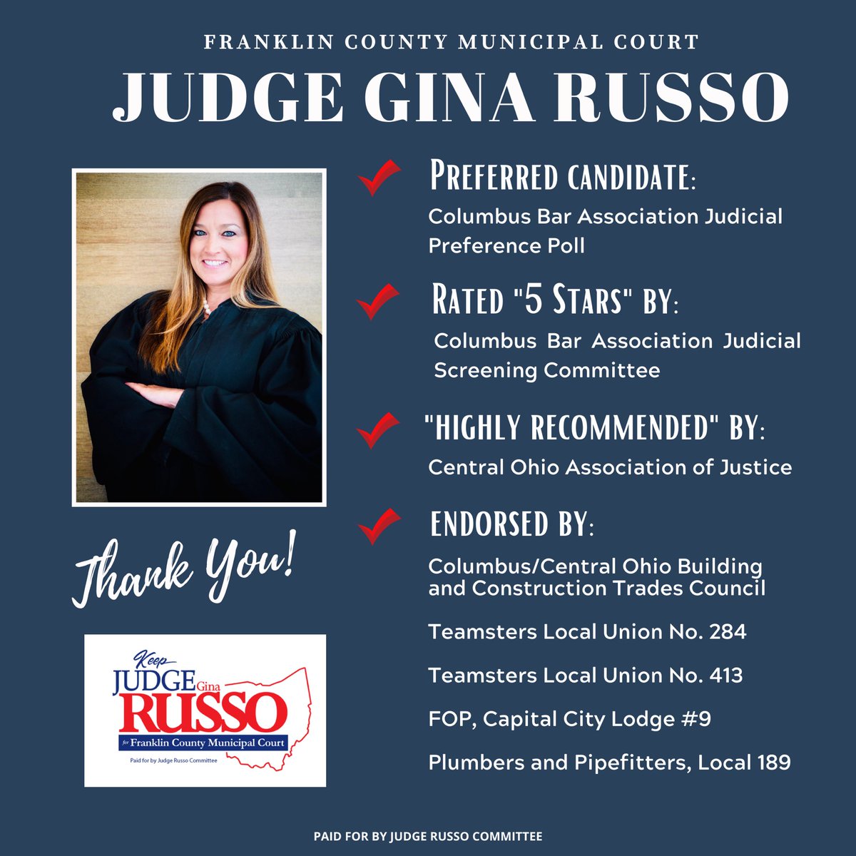 JudgeGinaRusso's tweet photo. Early voting in Franklin County starts tomorrow! Judge Gina Russo humbly asks for your support and your vote. ✅ Find more information @ballotpedia where you will find a completed candidate survey! #keepjudgeginarusso https://t.co/EUVQ5pVtUp