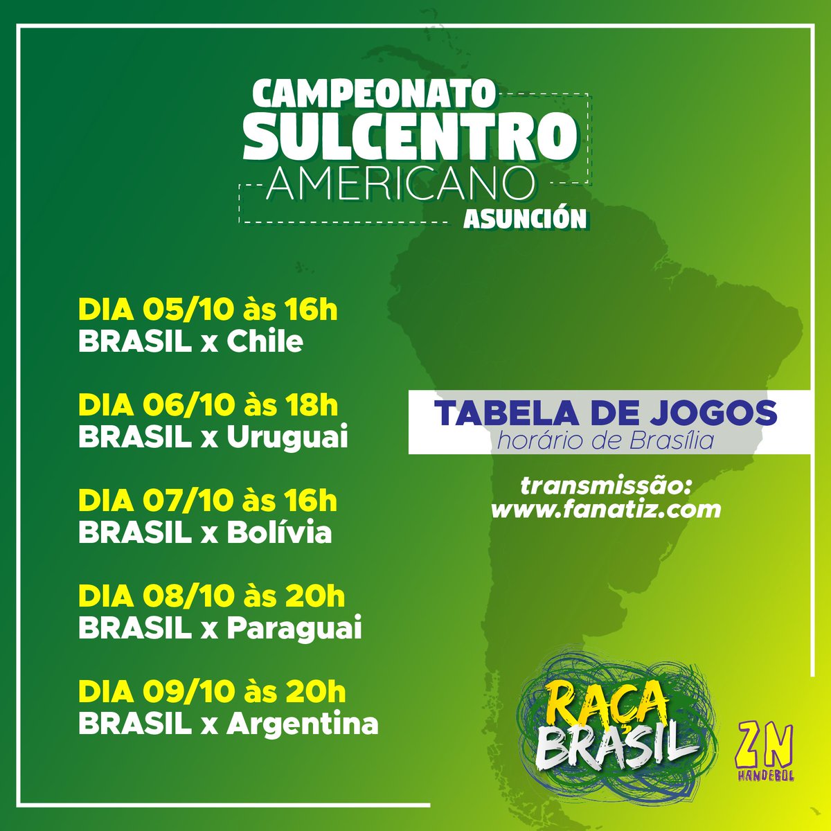 tabelinha para você acompanhar os jogos do Brasil no Sul Centro! 
Lembrando que a transmissão é pelo site fanatiz.com você tem que fazer um cadastro e escolher o pacote free se não quiser pagar. 

obs: 5 jogos seguidos sem nenhuma pausa. 
#timebrasil #handebol