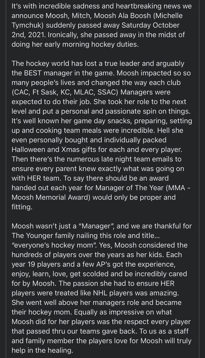 Our hearts go out to the Tymchuk family during this difficult time … an amazing women, known and remembered by the entire hockey community 🤍
