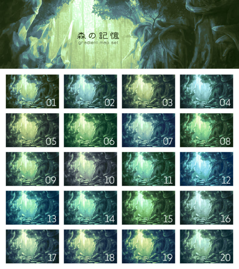 diceproj's tweet image. もりの緑をイメージしたグラデーションマップ集を公開しました。Enjoy Expressions !

森の記憶 gradient map set by diceproj assets.clip-studio.com/ja-jp/detail?i… #clipstudio