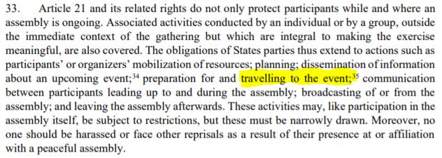 LawOfProtest's tweet photo. Proposals to prevent individuals travelling to #protest fly in the face of international human rights law: #Article21 ICCPR protects #peacefulassembly (not merely lawful assembly) which, by their scale or nature, cause disruption #GeneralComment37 https://t.co/vHglPtx4pe https://t.co/yykZxkVSOm