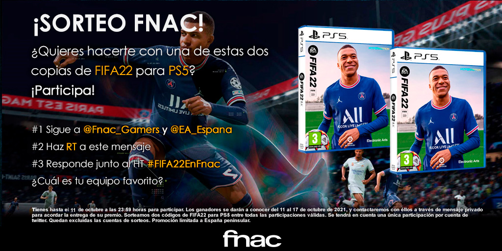 Fnac_Gamers's tweet photo. ¿Estás ansioso por poner a rodar el balón? Participa en nuestro sorteo de #FIFA22

✅Sigue a @fnac_gamers y @EA_Espana 
✅RT al tweet
✅Responde junto al HT #FIFA22EnFnac ¿Cuál es tu equipo favorito?

Espera... ¿No puedes esperar? Hazte con él aquí
👉https://t.co/bml6Mpnuqv https://t.co/MCBg8Ajn9V
