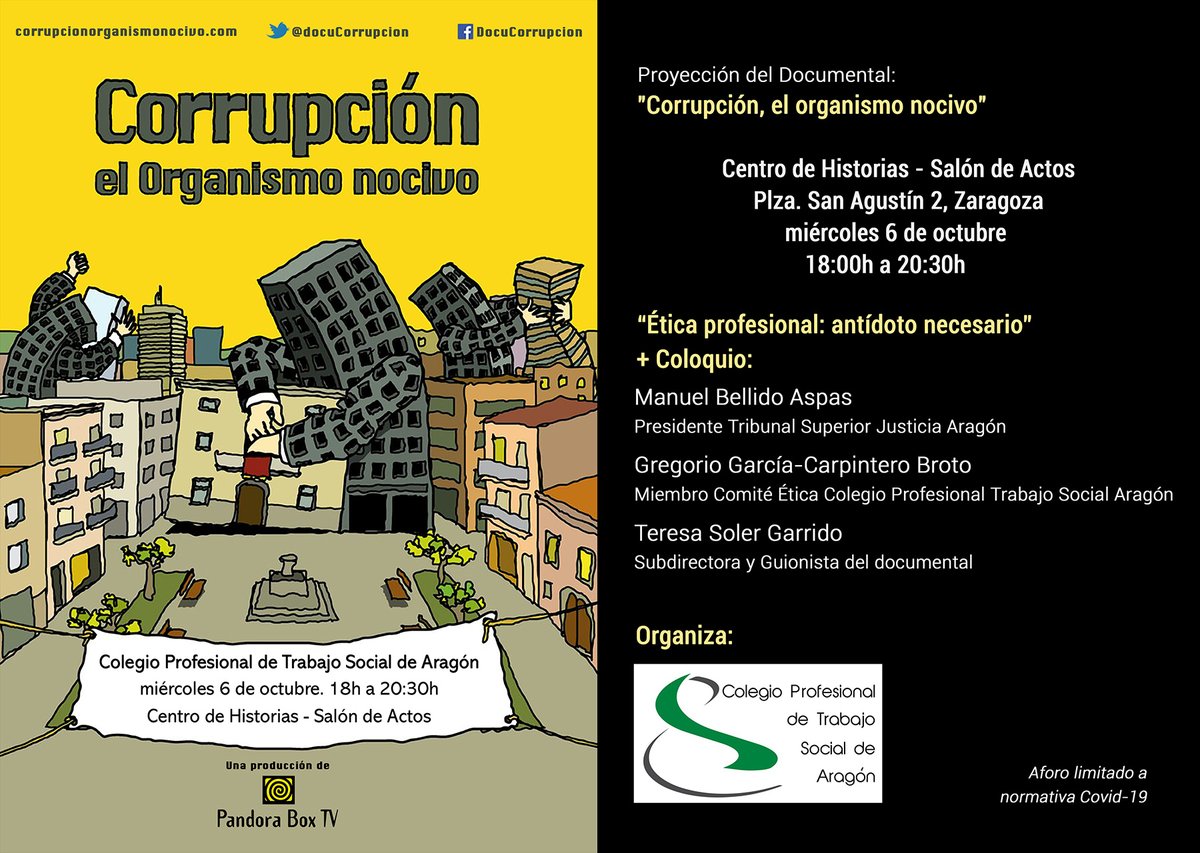 Nueva oportunidad para ver el documental y participar en el docuforum 💪 mañana, martes 6 en Zaragoza! Organiza trabajosocialaragon.es  "Ética profesional: antídoto necesario"