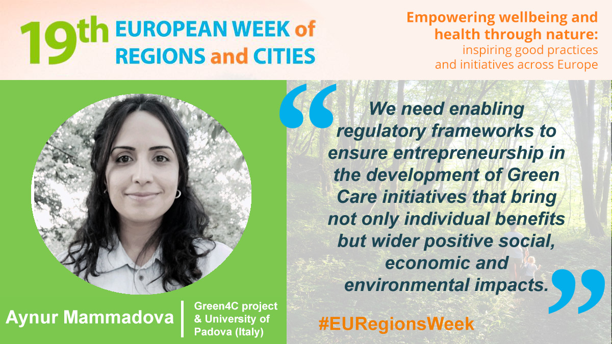 Next 12th October, in the #EUGreenWeek workshop "Empowering wellbeing and health trough nature", Dra. Aynur Mammadova from <a href="/UniPadova/">Università di Padova</a> will provide us some insights about #green #care initiatives, specially  about the project #Green4Care. 
Join her here➡️  eu.app.swapcard.com/event/eu-regio…