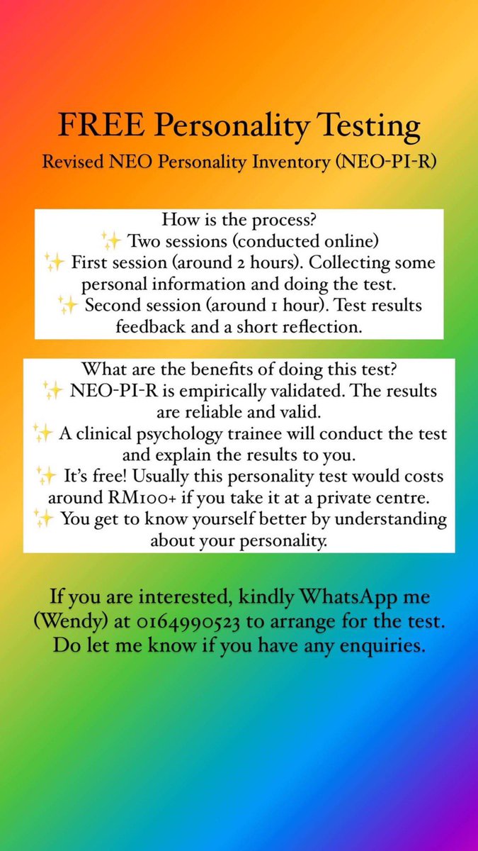 cherniemei's tweet image. understand more about the reasons behind your actions, and more importantly, about yourself. 

a friend is clocking in more hours for her report so go help her out, while gaining insights about yourself!

name’s @wen_dyG .

#psychology #personalitytest #personalitytesting #NEOPIR