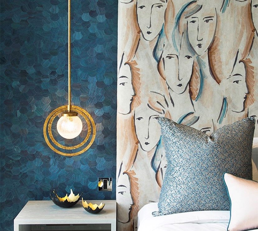 The Halo #pendant hangs bedside in this striking bedroom by #interiorsbysarahward which also features an abstract print by <a href="/zoffanyfw/">Zoffany</a> on the standout headboard. #bedroomlighting