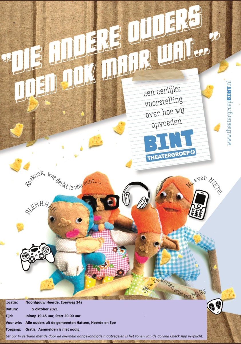 Opvoeden?! Theatervoorstelling over opvoeden door Bint voor ouders/opvoeders in de gemeenten Epe, Hattem en Heerde. Een herkenbare, humoristische en interactieve voorstelling over hoe ‘we’ dat doen. Dinsdag 5 oktober om 20:00 uur, Noordgouw Heerde. Gratis toegang.