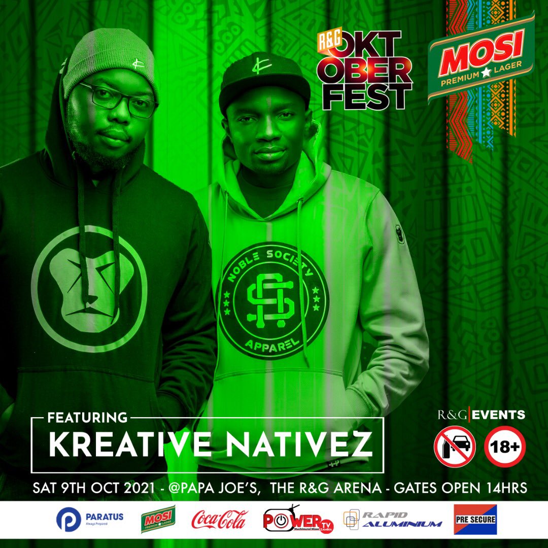 KreativeNativez's tweet photo. This Saturday 👊🏾 9th October Catch @KreativeNativez At Sunset ☀️ Performing Live At The @RandGzambia Oktoberfest For Good Vibes Only 💫 #RGOktfest2021 

#oktoberfest #randgevents #mosilager #lusaka #zambia #RGOktfest @MosiLagerZB https://t.co/dScDYdUTlX
